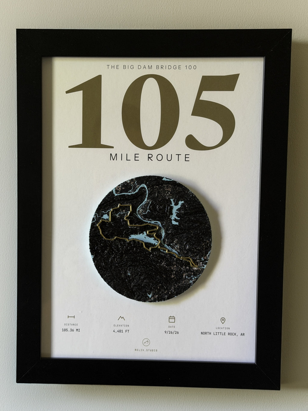 THE MARKER, 105 mile route of the Big Dam Bridge 100 — framed dimensional relief map in a black wood frame, shown front on