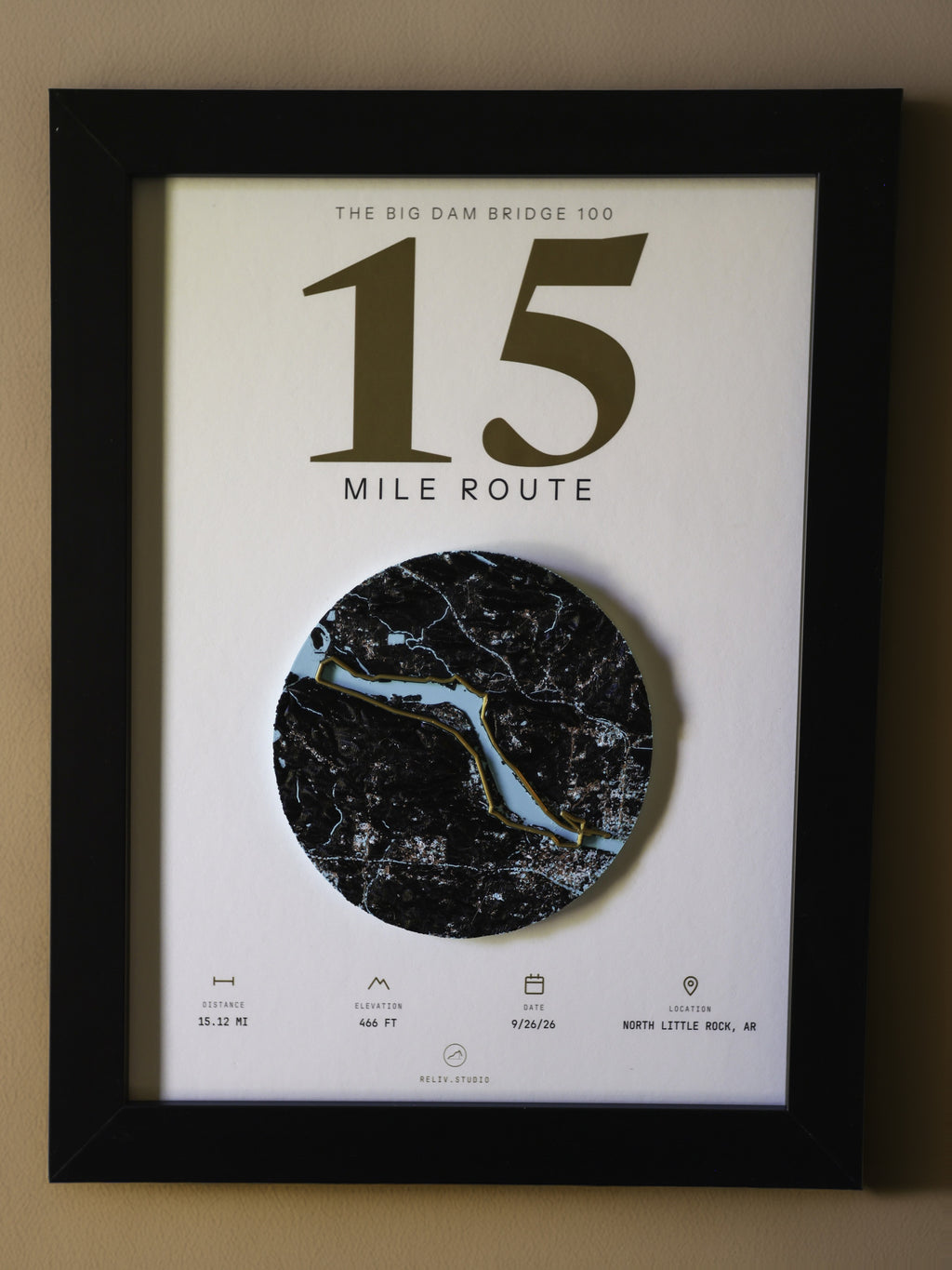 THE MARKER, 15 mile route of the Big Dam Bridge 100 — framed dimensional relief map in a black wood frame, shown front on