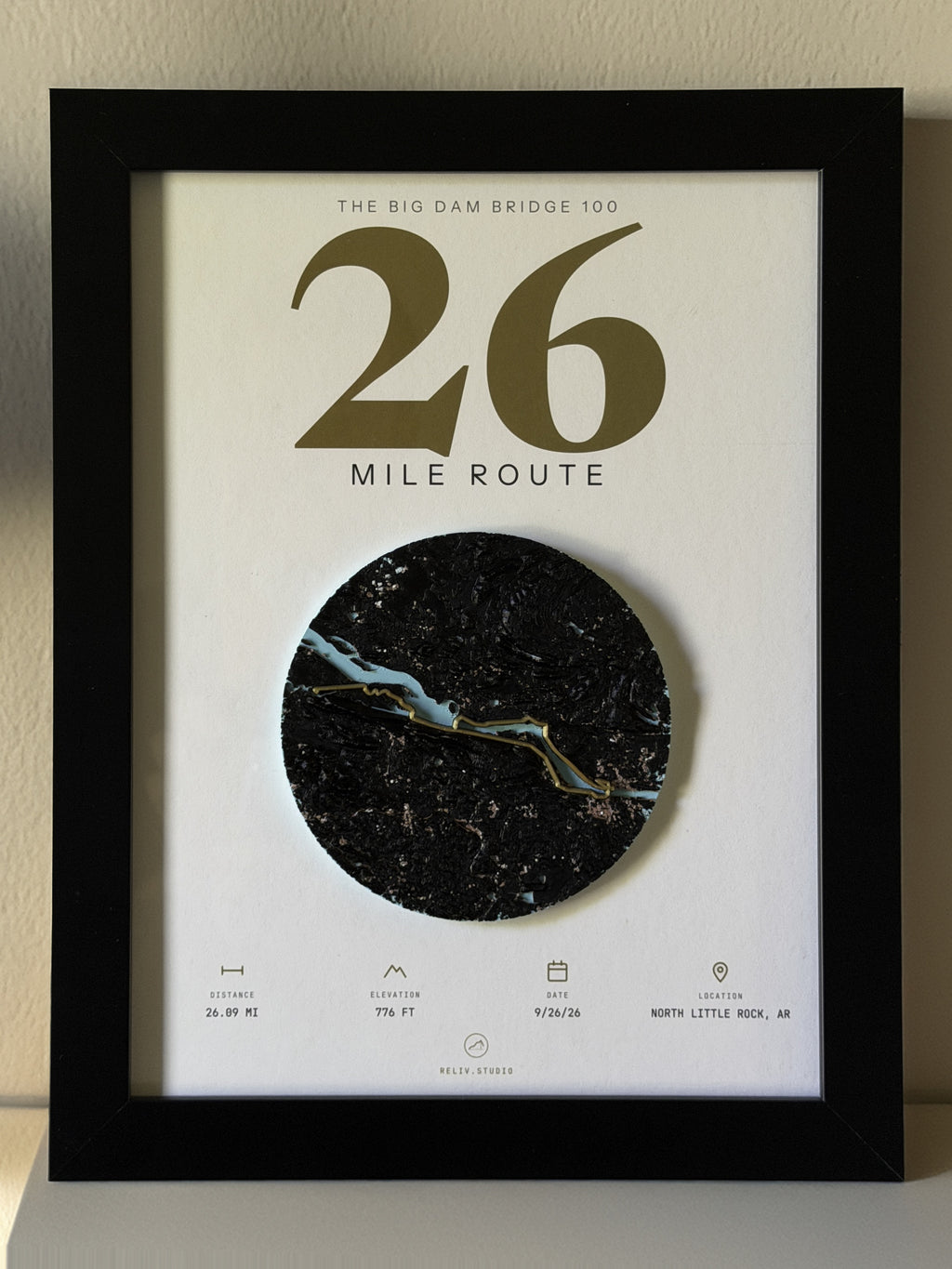 THE MARKER, 26 mile route of the Big Dam Bridge 100 — framed dimensional relief map in a black wood frame, shown front on