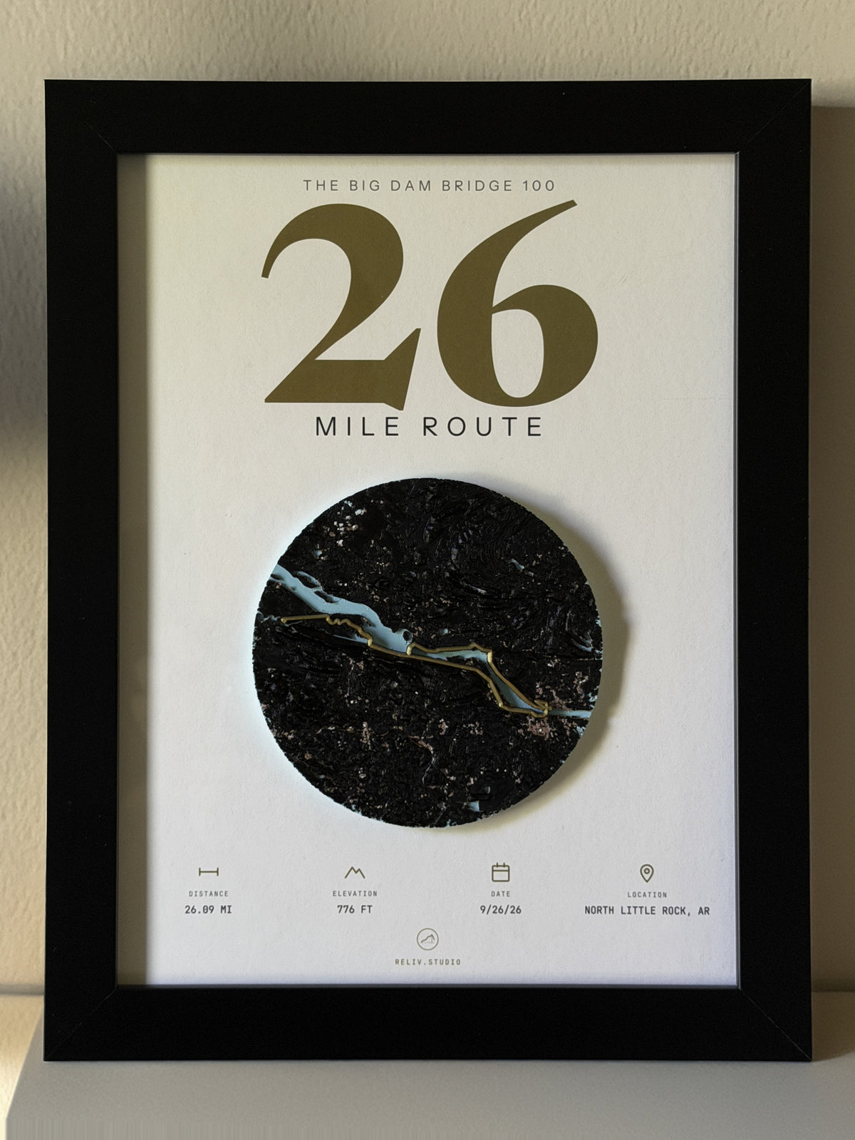 THE MARKER, 26 mile route of the Big Dam Bridge 100 — framed dimensional relief map in a black wood frame, shown front on