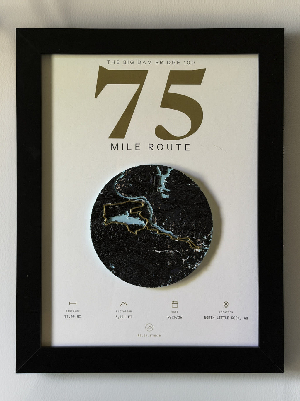 THE MARKER, 75 mile route of the Big Dam Bridge 100 — framed dimensional relief map in a black wood frame, shown front on